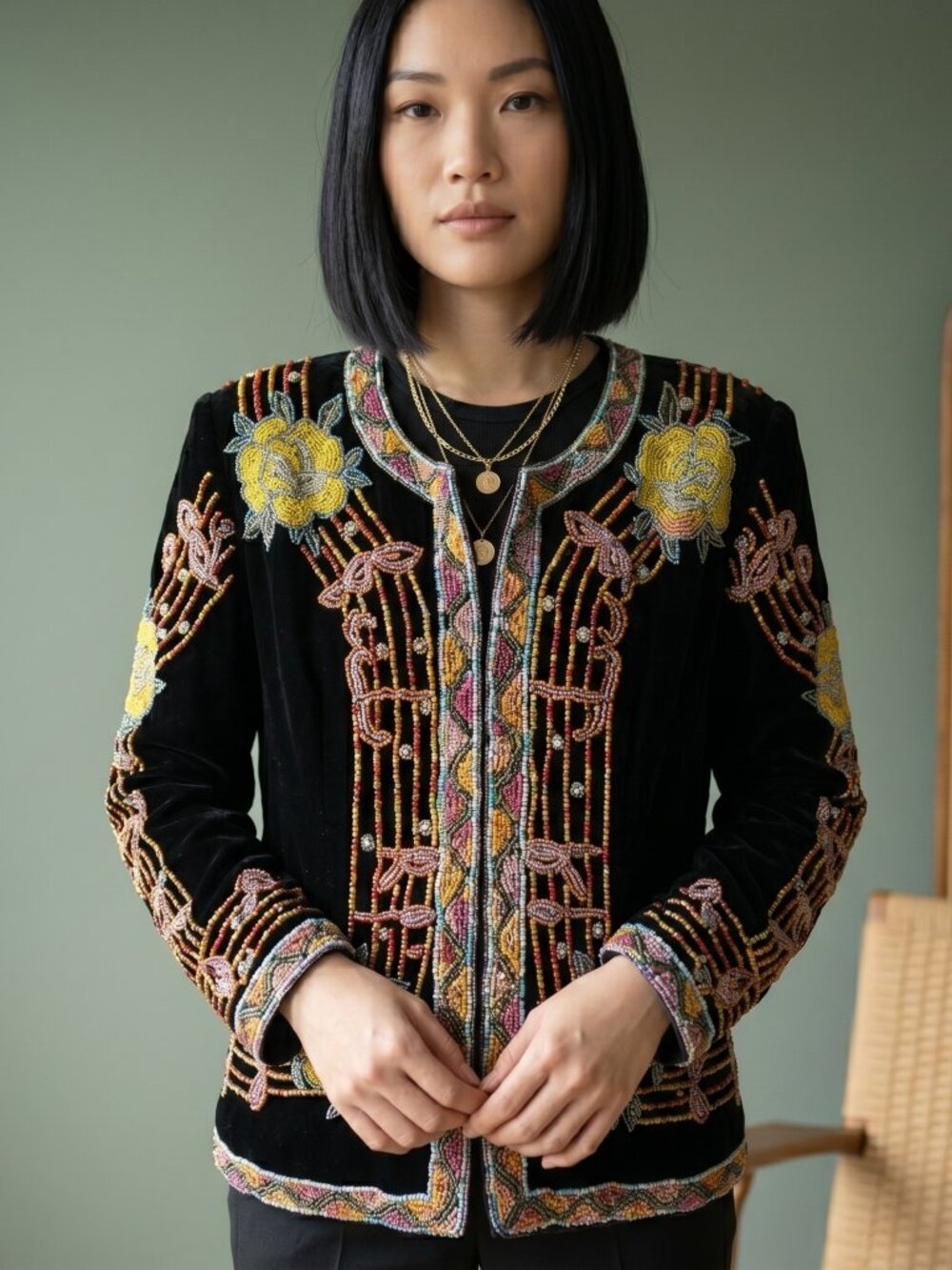 Lanzis California Black Embroidered musical note and Floral velvet jacket small